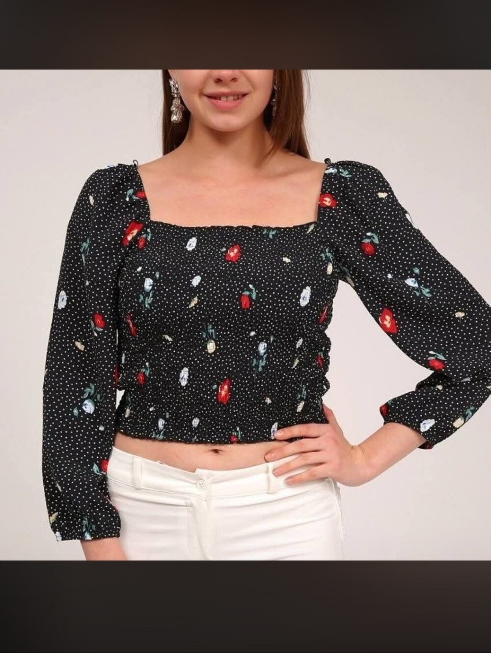 Abercrombie & Fitch Black Floral Smocked Square-Neck Blouse Y2k